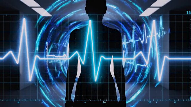 female silhouette stands in scan tunnel, back view with glowing heartbeat waveform and biometric interface, futuristic cardiac monitoring, medical diagnostics, health screening concept