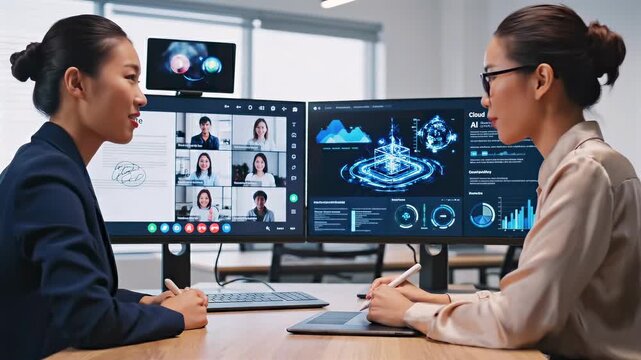 asian businesswomen discuss project at desk, side view in a modern office with video call screens and analytics dashboards, corporate collaboration, remote workflow, data-driven strategy 
