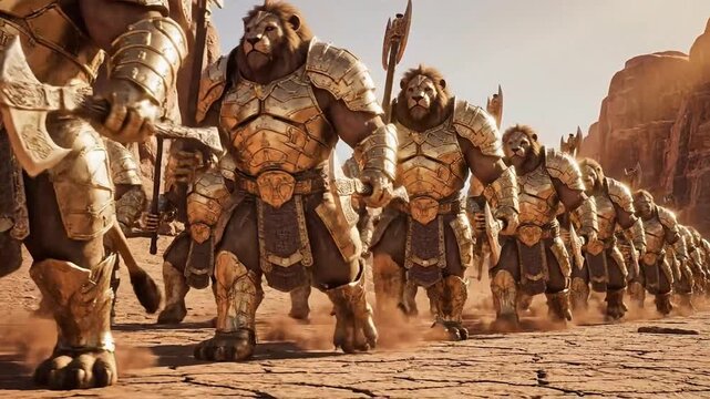 A formidable army of anthropomorphic lion-like warriors clad in ornate golden armor marches in formation across a dusty, arid landscape.