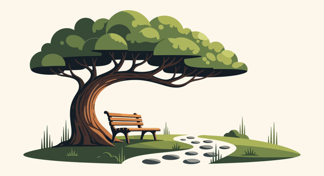 Minimalist Flat Vector Illustration of a Park Bench Under a Large Tree with a Stepping Stone Path
