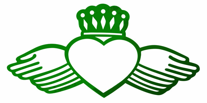 A vibrant green claddagh symbol featuring a heart hands and crown