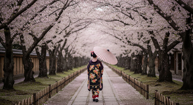 Elegant Kimono Figure Walking Along Cherry Blossom Avenue in Japan