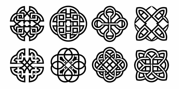 Eight black and white celtic knotwork designs arranged in two rows