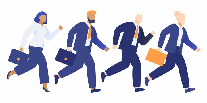Diverse business people rushing forward with briefcases in a stylized illustration