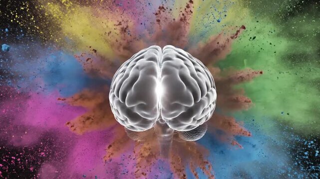 Vivid human brain anatomy visualization featuring a vibrant multicolored powder explosion on black background, illustrating intelligence, neuroscience, creativity, and cognitive function.