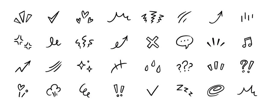 Line element movement hand drawn set. Line doodle sketch hand drawn movement effect icon pencil brush chalk stroke. Cute comic manga emoji emotion stars sparkle heart expression. Vector illustration