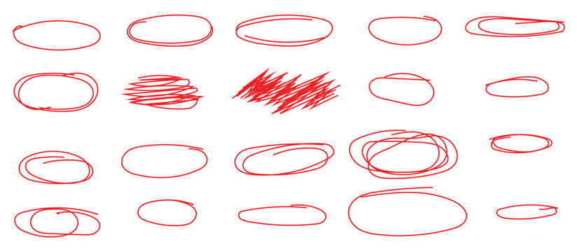 Set of hand drawn red circles and ovals. Bright red scribble ovals and bubbles to circle and highlight text. Outline red drawing line clipart symbol.