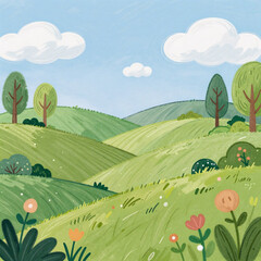 Naklejka premium Art Deco Landscape Kids. A Hand-Drawn, Whimsical Landscape Of A Green Hillside With The Sky In A Cartoon Doodle Style, Suitable For Children'S Books