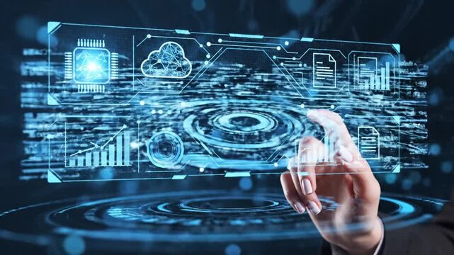 Human hand touching futuristic digital interface hologram featuring cloud computing microchip data analytics and document icons on glowing blue bokeh background artificial intelligence technology