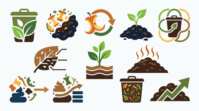 Collection of icons representing composting, organic waste recycling, and soil enrichment for sustainable gardening and environmental care.