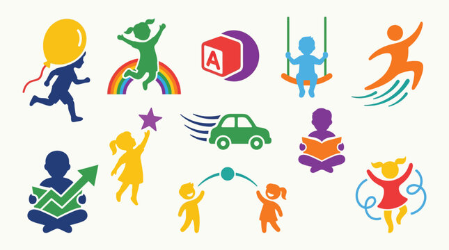 Collection of colorful vector icons depicting children engaged in various activities like playing, learning, and sports, symbolizing childhood development and education.