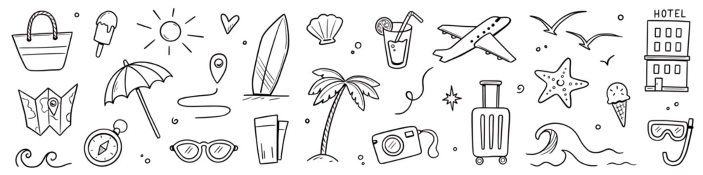 Summer beach icon travel element set. Hand drawn doodle line sketch with sun, sea, vacation holiday trip. Cute beach icon elements with sunglasses and camera for travel design. Vector illustration