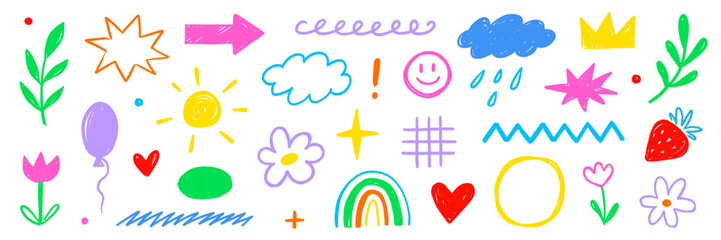 Crayon line icon pastel set. Crayon line icon hand drawn pencil pastel color brush chalk scribble texture. Cute kid children rainbow heart star sun cloud flower baby smile. Vector illustration