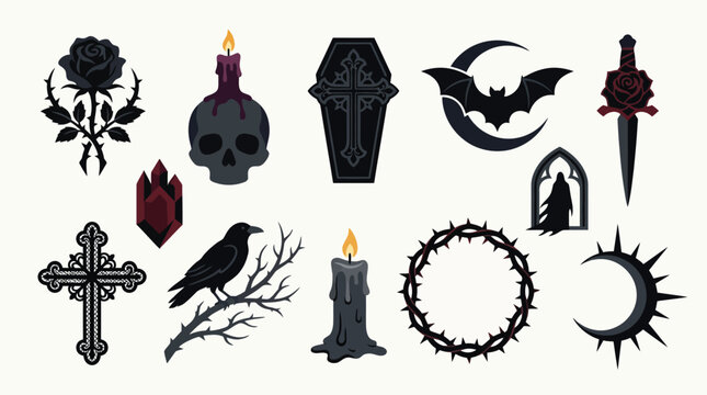 A collection of gothic and occult-themed graphic elements, including a black rose, skull candle, coffin, bat, dagger, and various crosses and celestial symbols.