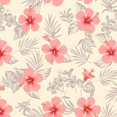 Fototapeta premium Seamless pattern with pink hibiscus flowers