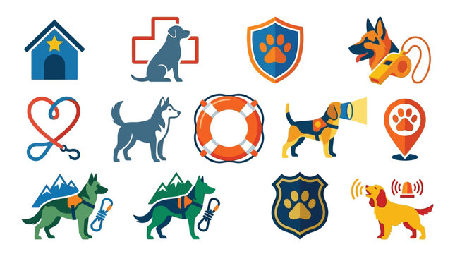 Collection of vector icons representing various dog-related services and professions, including police K9, search and rescue, veterinary care, and service animals.