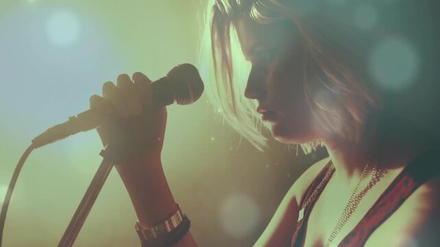 Teenage female singer gripping mic stand and bringing mic to mouth, singing music into backlit haze