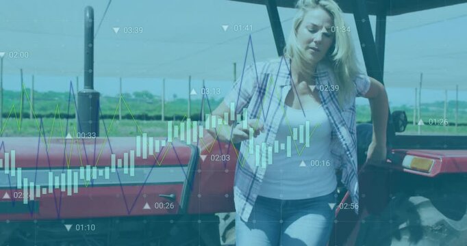 Woman exiting tractor using rail, posing at tractor front while charts overlaying her for farm data