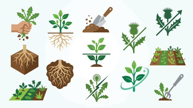 Collection of icons illustrating weed control methods, plant growth, and root systems in gardening and agriculture.