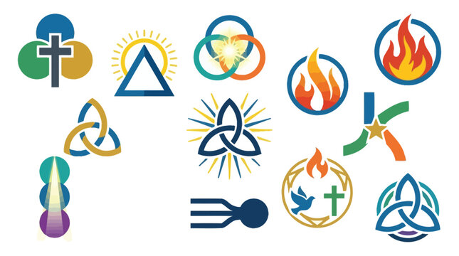 Collection of Christian religious symbols including crosses, flames, and the Trinity knot, representing faith and spirituality.