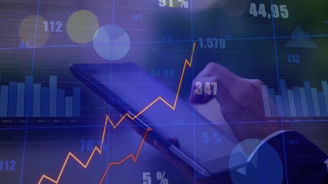 Businesswoman tapping tablet, accelerating orange line and bar charts while analyzing markets