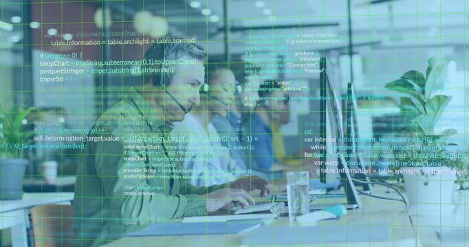 Lead agent typing and handling customer calls, causing green grid with scrolling code over monitors