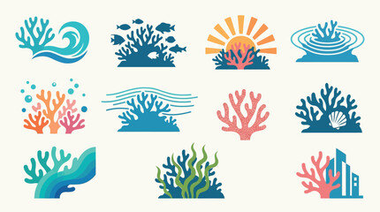 Naklejka premium Collection of stylized coral reef illustrations with marine life and abstract elements.