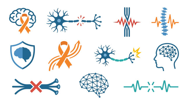Collection of icons representing neurological health, brain research, and awareness of neurological diseases like MS and cancer.