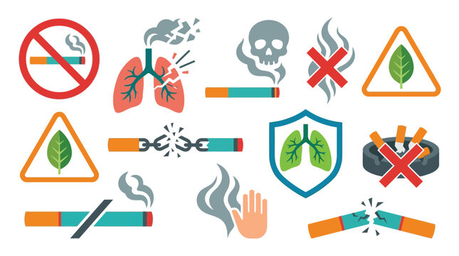 Collection of icons representing the dangers of smoking and promoting a smoke-free lifestyle, including lungs, skulls, and broken cigarettes.