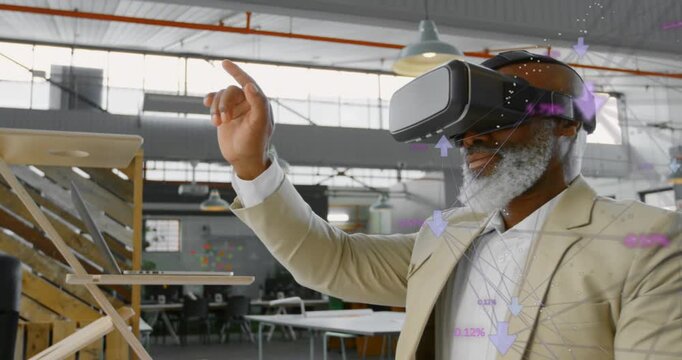 Vertical video: Designer raising hand gesturing and reviewing plans while VR overlays clustering