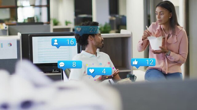 Man speaking and gesturing sparking likes in office while woman holding takeout boosting engagement