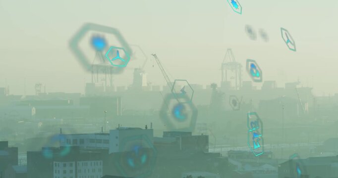Teal hex icons entering from top-left, drifting across harbor, signaling port energy and CO data