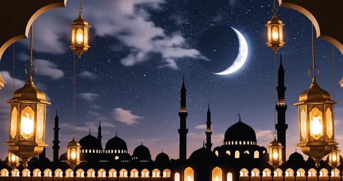 A serene nocturnal scene unfolds with a majestic crescent moon shining brightly amidst a starlit, cloudy sky. Golden, ornate lanterns gracefully hang, casting a warm, inviting glow that frames the vie