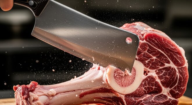 A close-up of a sharp cleaver coming down on a bone-in beef shank, splitting it cleanly in two. The action is frozen mid-chop, with a slight blur to show force.
