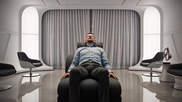 man reclines in lounge chair, front view inside a futuristic wellness suite with minimalist interior, deep relaxation, recovery ritual, luxury therapy, premium lifestyle, subtly adapts to breathing