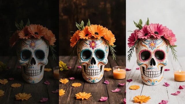 Cultural skull decoration with marigold flowers and candles festive concept - Day of the Dead sugar skull with flower crown in three lighting styles comparison