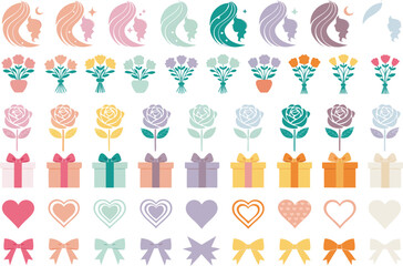 Obraz premium Collection of colorful vector icons featuring female profiles flowers roses gifts hearts and bows Vector