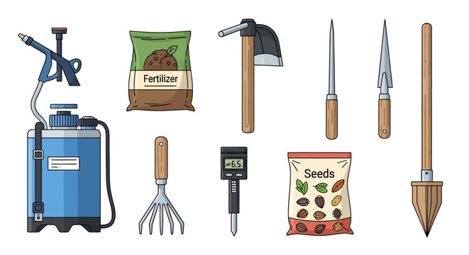 Flat Vector Illustration of Gardening Equipment Set featuring a Pressure Sprayer, Fertilizer Bag, Seeds Packet, pH Meter, Hand Rake, Hoe, and Planting Tools.