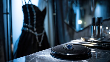Obraz premium Luxury dressing room details with blue diamond ring and velvet evening gown