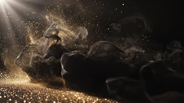 Dark abstract scene with gold particles and rays of light shining on a textured surface with a dramatic and mysterious mood.