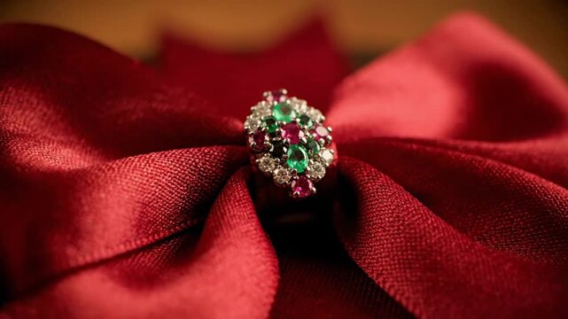 Elegant Gemstone Brooch on Luxurious Red Satin Gift Bow