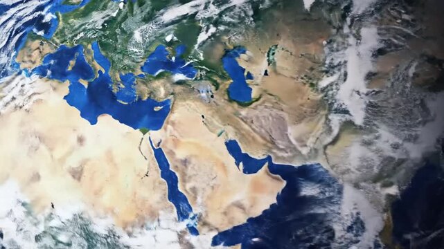 Cinematic high-tech visualization of digital global communication networks across planet Earth, showing glowing data link infrastructure, futuristic satellite connectivity, and internet fiber optic.