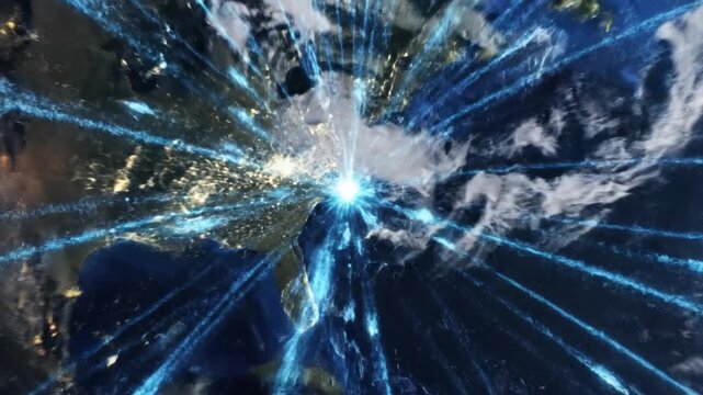 Cinematic high-tech visualization of global digital network connections spanning across planet earth with glowing fiber optic lines and data nodes representing worldwide internet communication.