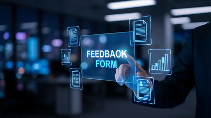 Obraz premium Businessman Using Digital Feedback Form Interface for Customer Experience and Online Survey