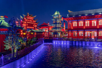 Night photo of Chinese temples with Asian pagoda in Riyadh Boulevard World, Saudi Arabia, an culture amusement park.  © Artaxerxes