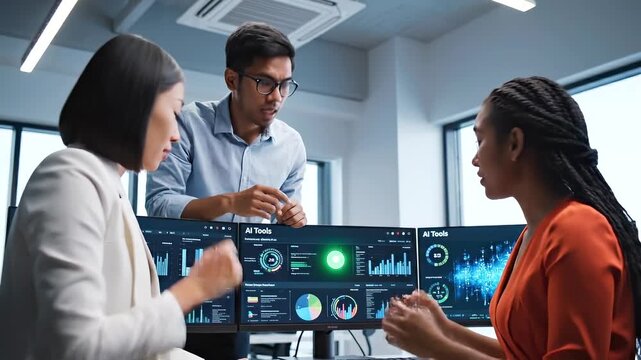 Three colleagues brainstorming on multi-screen setups, multicultural team discusses ai dashboards in modern office, professionals review analytics, share ideas and align strategy