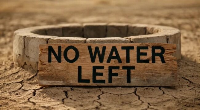 A distressed wooden sign reading 'no water left' stands prominently before a dry well on cracked earth.