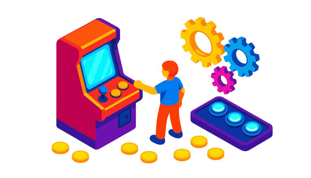 A colorful illustration of a man playing an arcade machine with gears and coins