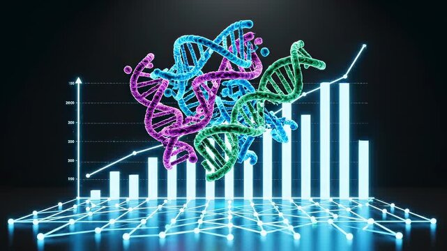 dna strands rise above growth chart in futuristic biotech interface, abstract genetic data visualization shows research progress, medical innovation and scientific investment concept