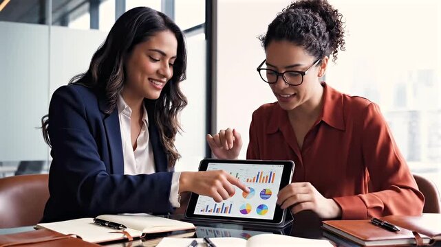 businesswomen review sales charts on tablet during office meeting, two female professionals discuss metrics and strategy at conference table, focused teamwork and analytical thinking